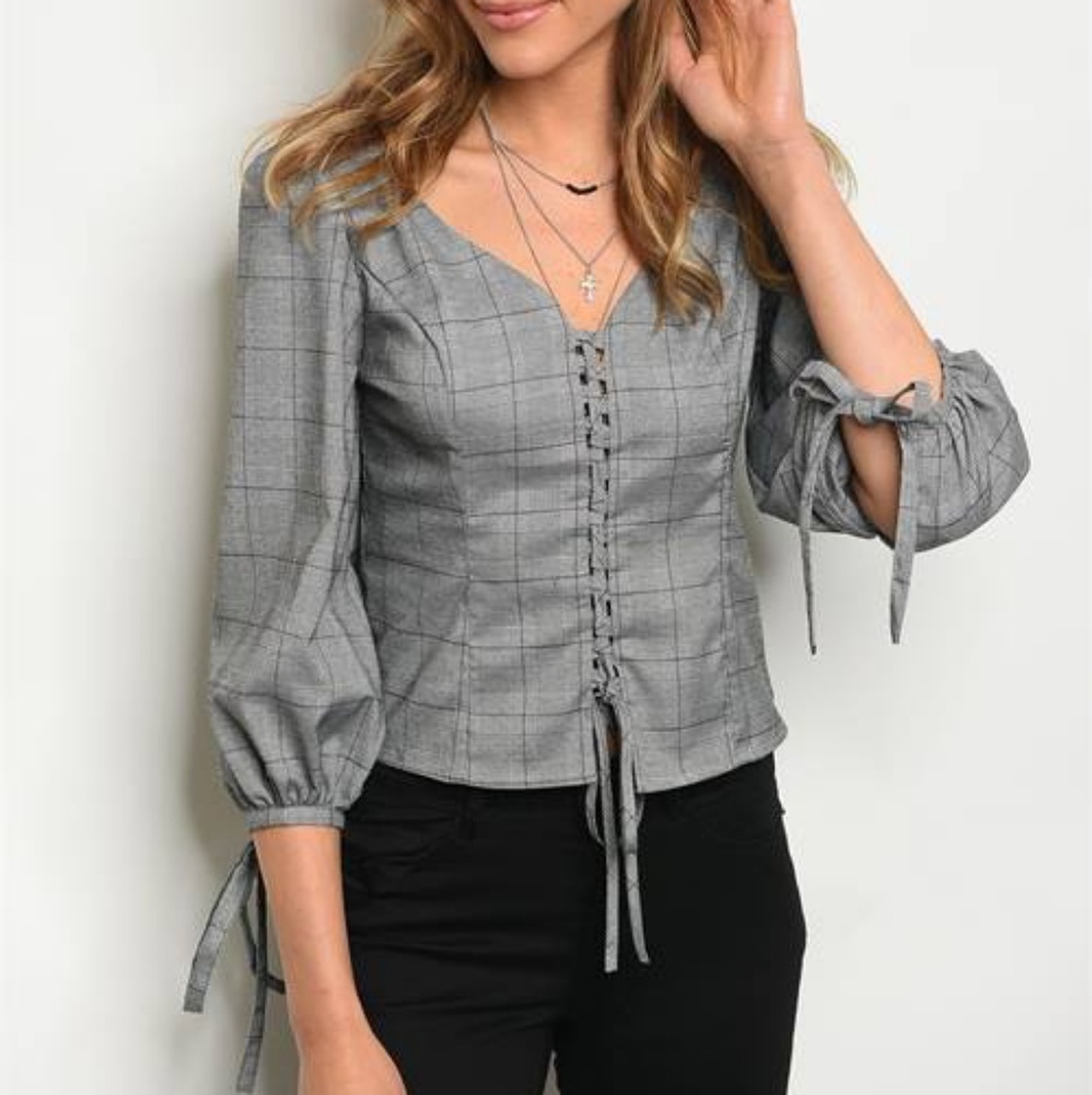 GRAY PLAID CORSET TIE SLEEVE TOP - Picture 2 of 4